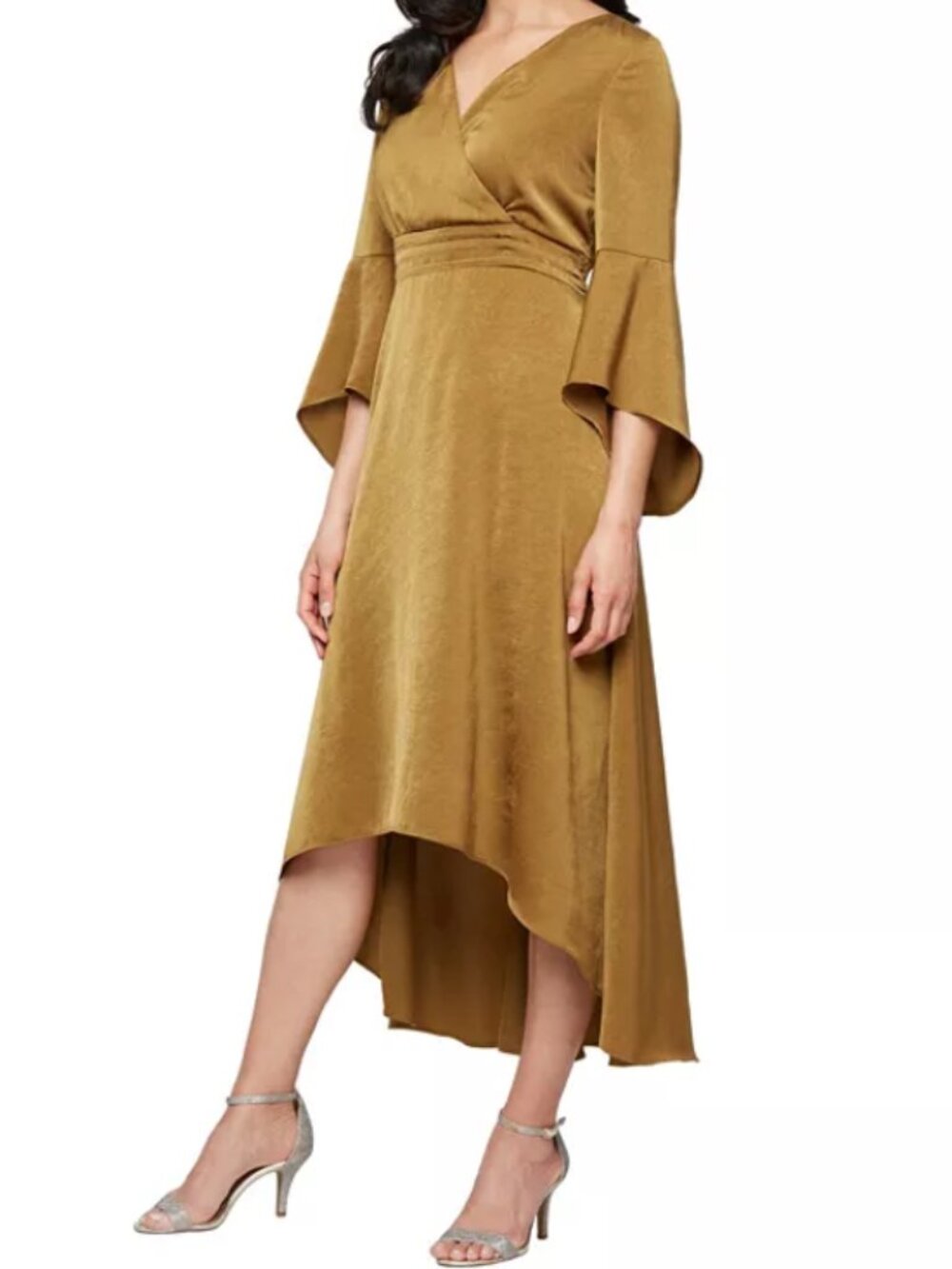 SLNY Fashions Gold Bell Sleeve High-Low Wrap Midi Dress - Size 4 NWOT